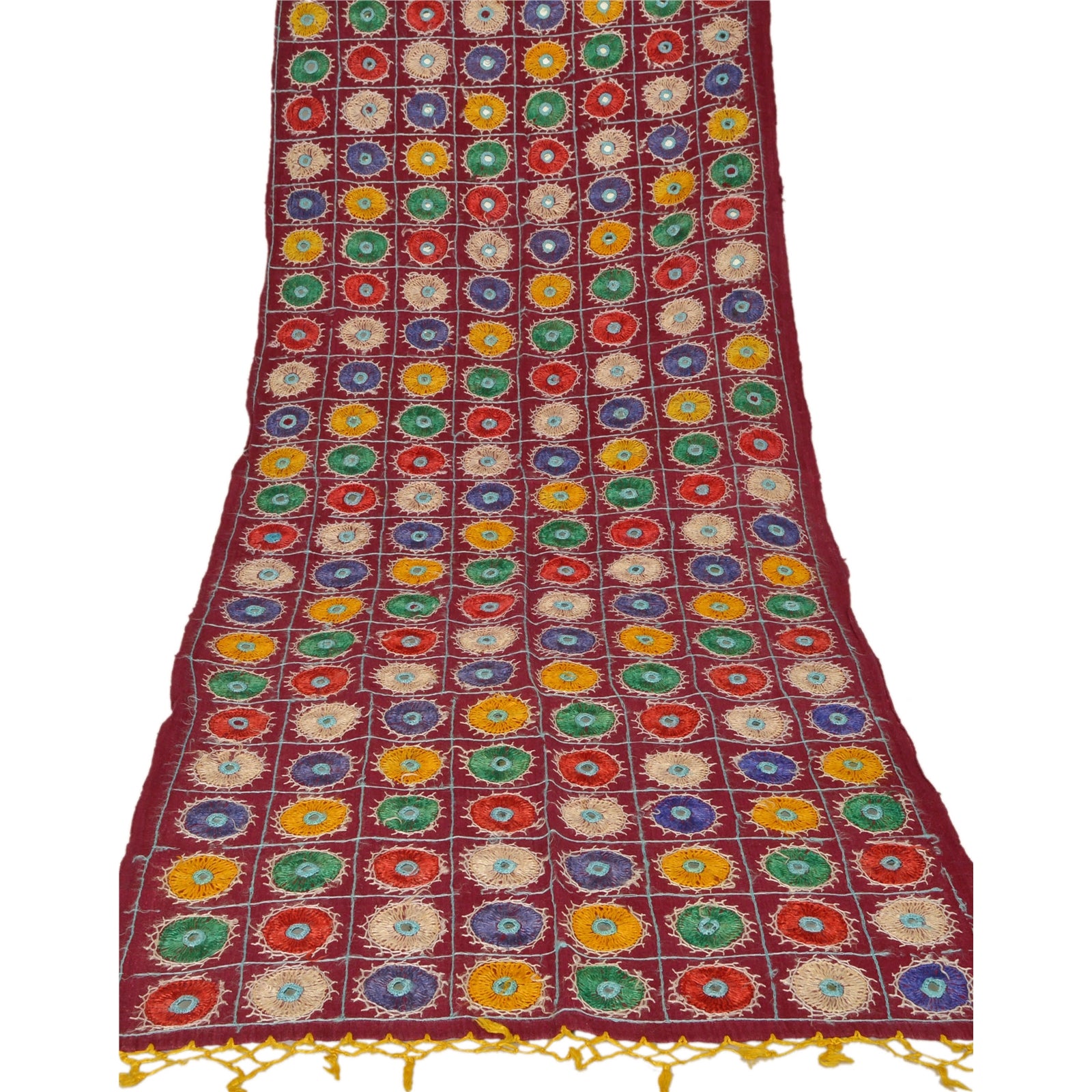 Sanskriti Vintage Red Cotton Shawl Kutch Work Long Stole Scarf Floral Mirror