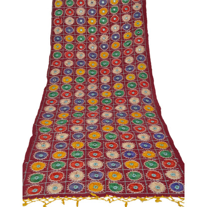 Sanskriti Vintage Red Cotton Shawl Kutch Work Long Stole Scarf Floral Mirror
