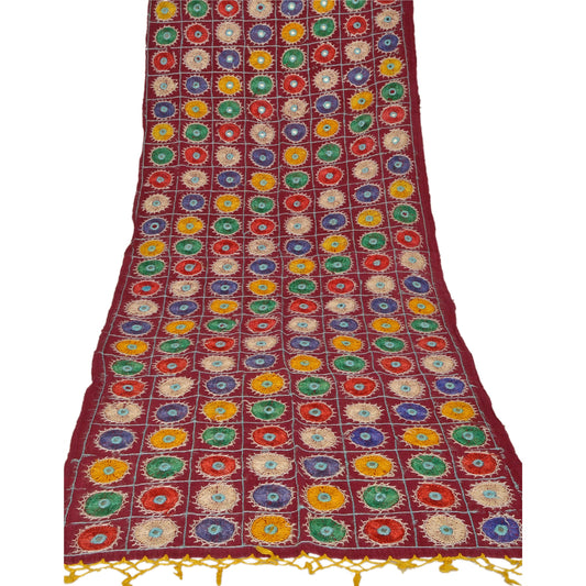 Sanskriti Vintage Red Cotton Shawl Kutch Work Long Stole Scarf Floral Mirror