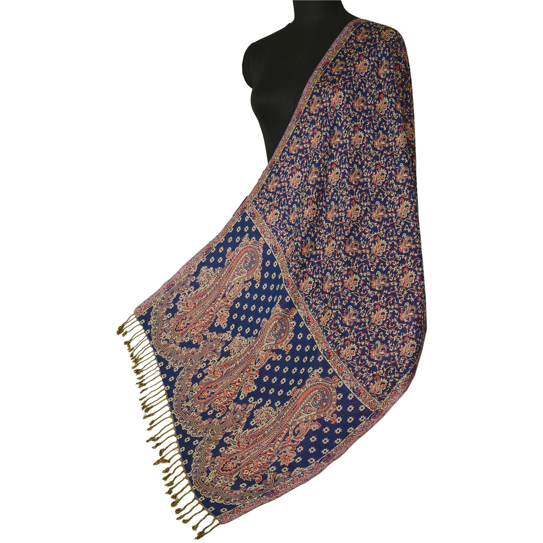Sanskriti New Blue Viscose Jamavar Shawl Woven Work Long Stole Soft Warm Scarf