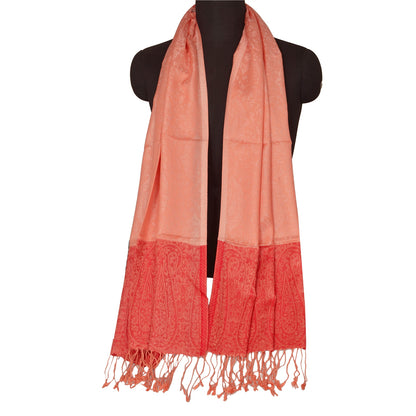 Sanskriti New Peach Shawl Silk Jacquard Woven Work Long Stole Soft Scarf Floral