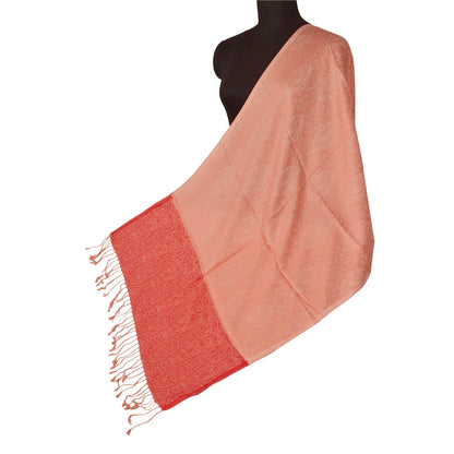 Sanskriti New Peach Shawl Silk Jacquard Woven Work Long Stole Soft Scarf Floral