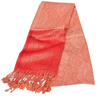 Sanskriti New Peach Shawl Silk Jacquard Woven Work Long Stole Soft Scarf Floral