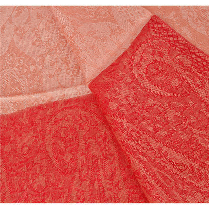 Sanskriti New Peach Shawl Silk Jacquard Woven Work Long Stole Soft Scarf Floral