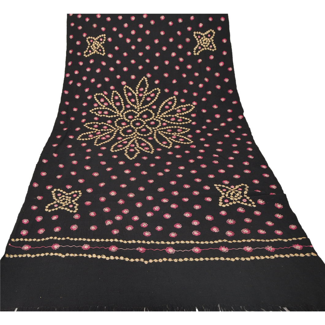 Sanskriti Vintage Black Woolen Shawl Hand Embroidered Ari Work Stole Soft Scarf