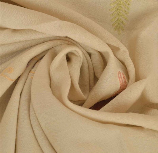 Sanskriti Vintage Multi Ari Zama Vintage Hand Embroidered Kashmiri Shawl Scarf Woolen Stole Cream