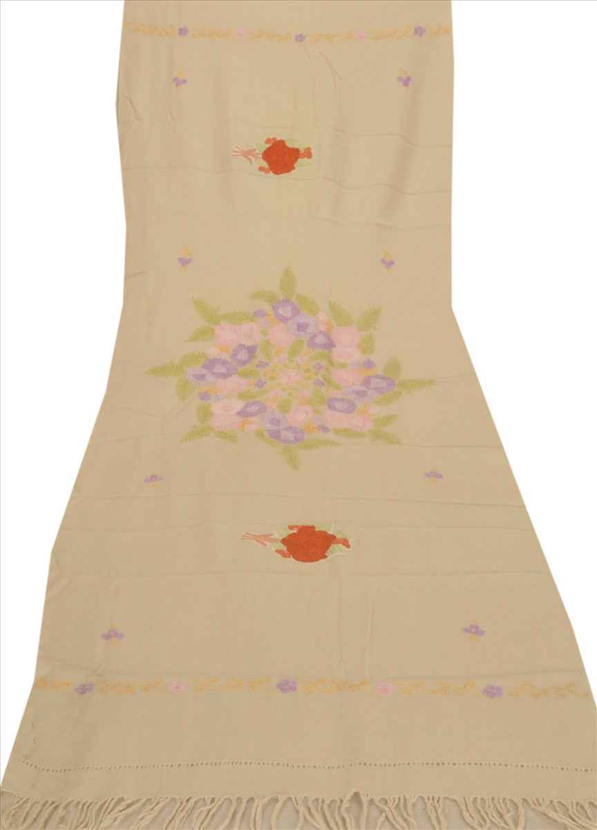 Multi Ari Zama Vintage Hand Embroidered Kashmiri Shawl Scarf Woolen Stole Cream