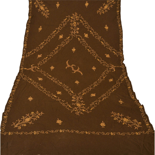 Sanskriti Vintage Brown Woolen Shawl Hand Embroidered Suzani Work Stole Scarf