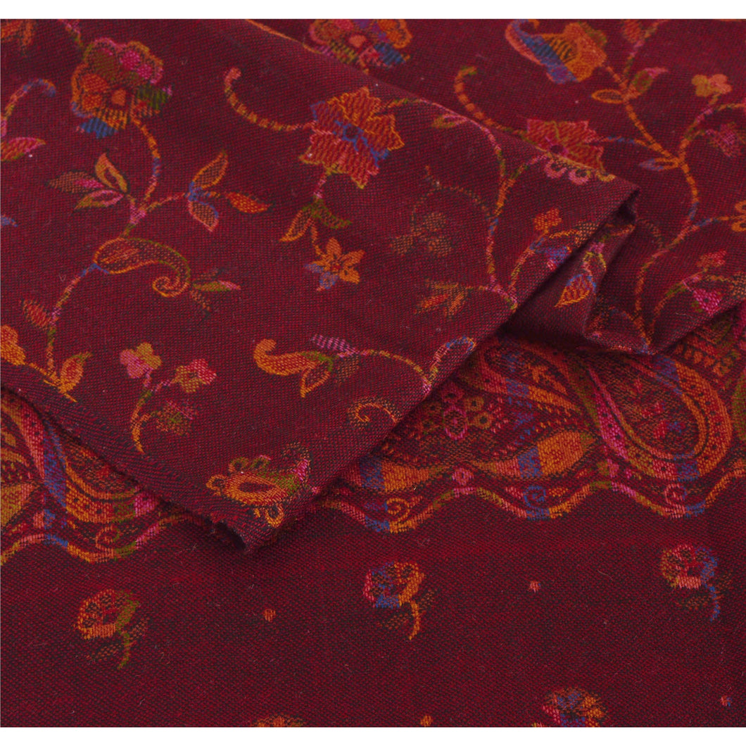 Sanskriti Vintage Red Woolen Shawl Woven Work Long Stole Soft Warm Scarf Floral
