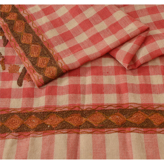 Sanskriti Vintage Red Woolen Shawl Hand Embroidered Ari Work Stole Long Scarf