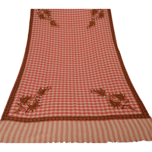 Sanskriti Vintage Red Woolen Shawl Hand Embroidered Ari Work Stole Long Scarf