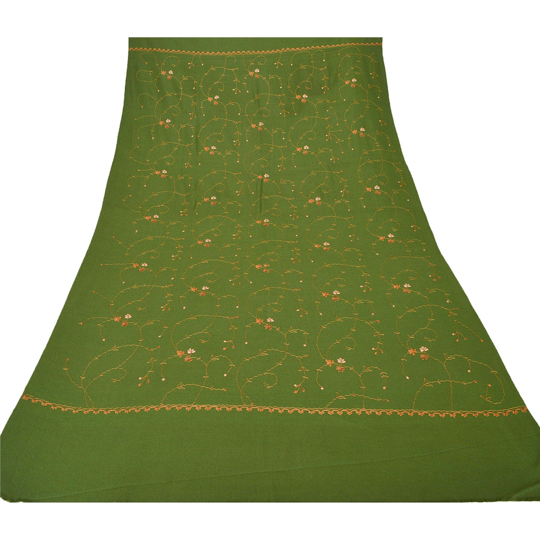 Sanskriti Vintage Green Hand Embroidered Woolen Shawl Ari Work Long Stole Scarf