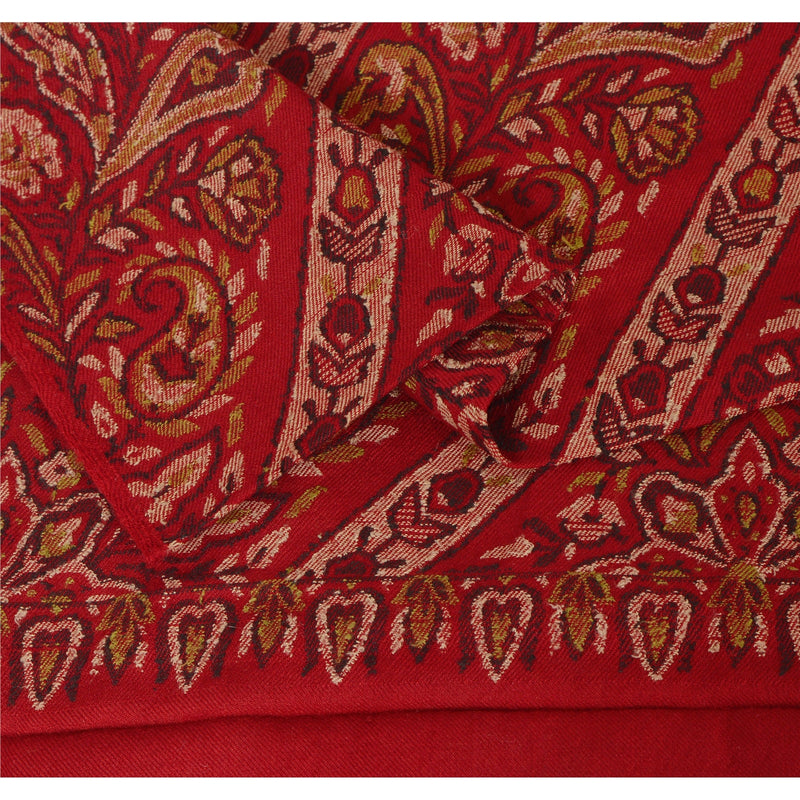 Sanskriti Vintage Red Woolen Shawl Woven Work Long Stole Soft Warm Scarf Floral