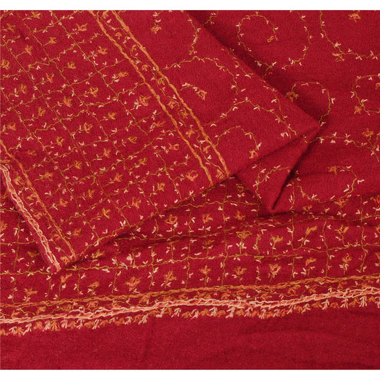 Sanskriti Vintage Red Woolen Shawl Hand Embroidered Suzani Work Stole Warm Scarf