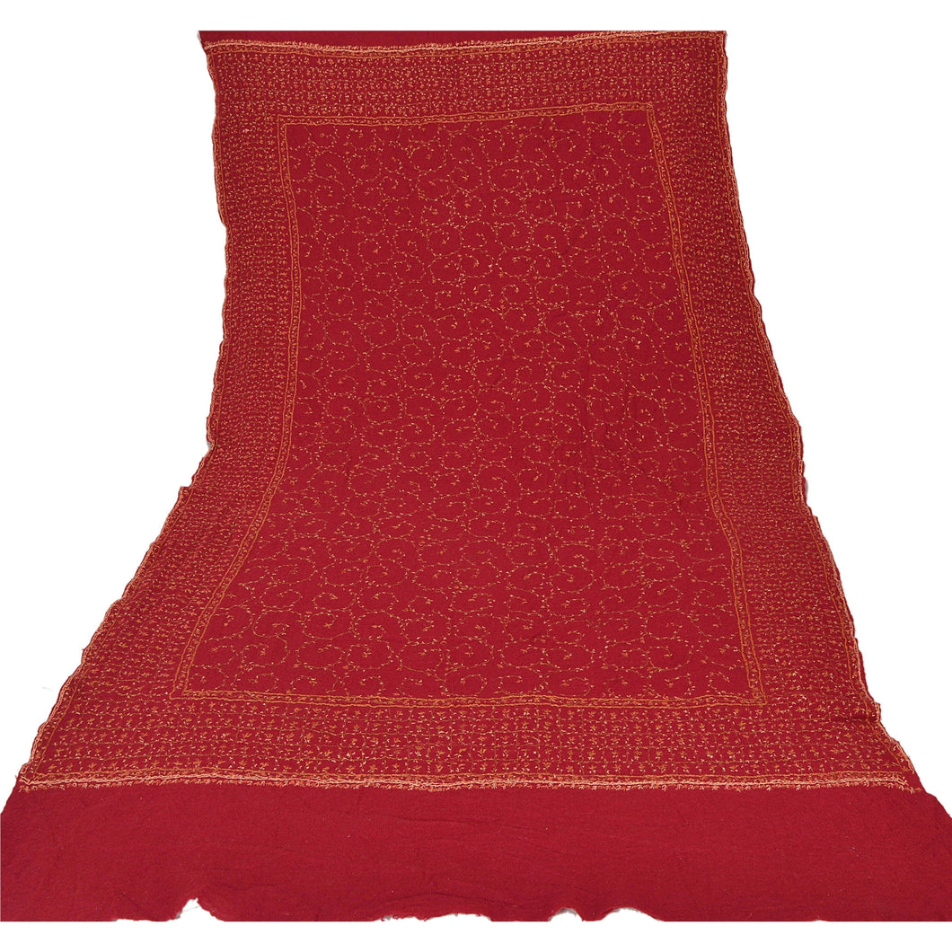 Sanskriti Vintage Red Woolen Shawl Hand Embroidered Suzani Work Stole Warm Scarf