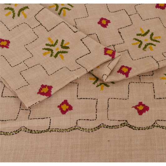 Sanskriti Vintage Cream Woolen Shawl Hand Embroidered Long Stole Soft Warm Scarf