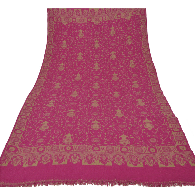 Sanskriti Vintage Pink Woolen Shawl Woven Work Long Stole Soft Warm Scarf Floral