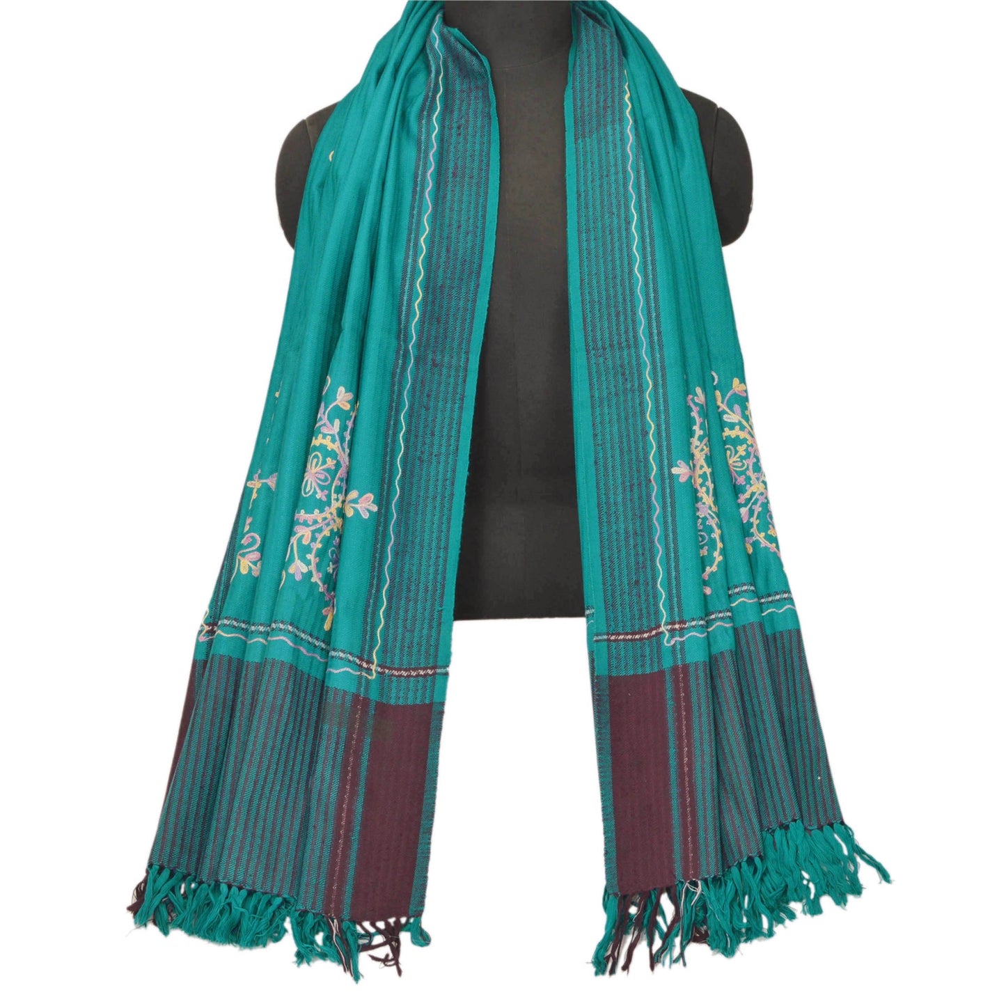 Sanskriti Vintage Blue Hand Embroidered Woolen Shawl Ari Work Stole Long Scarf