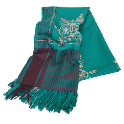 Sanskriti Vintage Blue Hand Embroidered Woolen Shawl Ari Work Stole Long Scarf