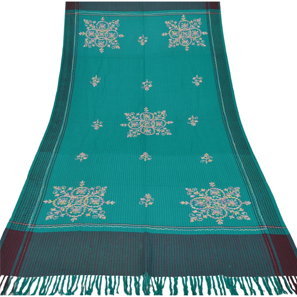 Sanskriti Vintage Blue Hand Embroidered Woolen Shawl Ari Work Stole Long Scarf