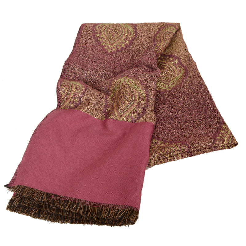 Sanskriti Vintage Pink Woolen Shawl Woven Work Long Stole Soft Long Scarf Floral