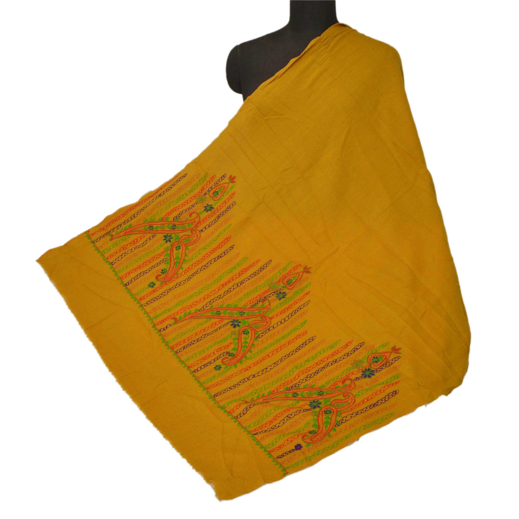 Sanskriti Vintage Mustard Woolen Shawl Hand Embroidered Ari Work Stole Scarf