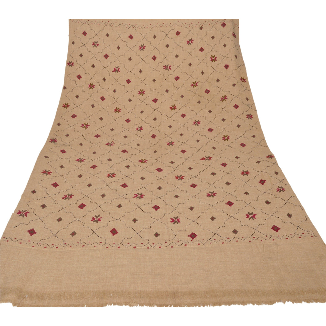 Cream Woolen Shawl Hand Embroidered Long Stole Soft Scarf