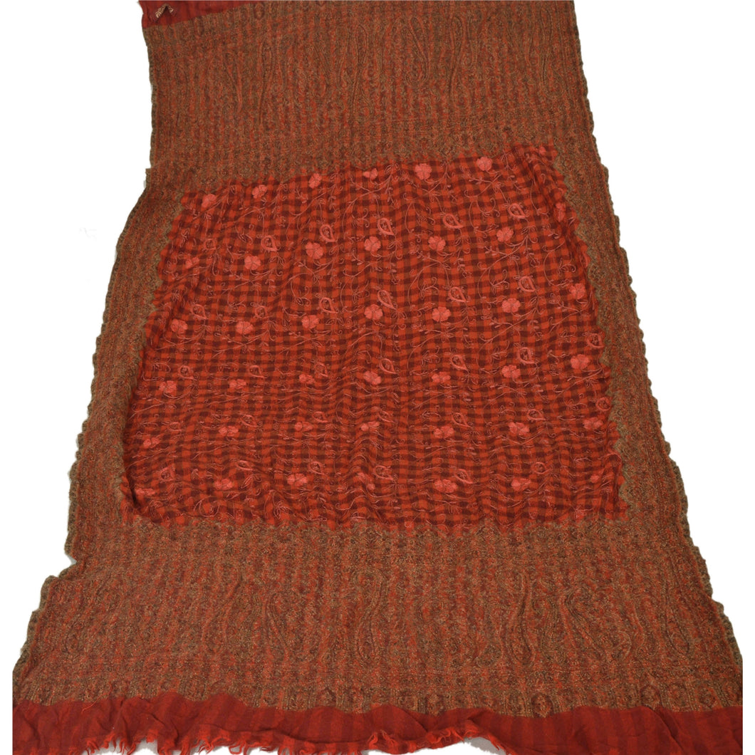 Sanskriti Vintage Red Woolen Shawl Hand Embroidered Ari Work Stole Soft Scarf