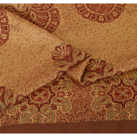 Sanskriti Vintage Cream Woolen Shawl Woven Work Long Stole Soft Scarf Floral