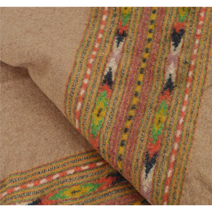 Sanskriti Vintage Cream Woolen Shawl Woven Work Long Stole Soft Scarf Floral