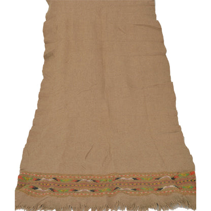 Sanskriti Vintage Cream Woolen Shawl Woven Work Long Stole Soft Scarf Floral