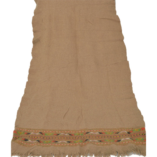 Sanskriti Vintage Cream Woolen Shawl Woven Work Long Stole Soft Scarf Floral