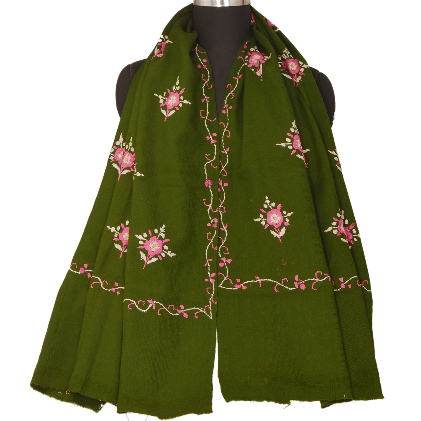 Sanskriti Vintage Green Woolen Shawl Hand Embroidered Long Stole Soft Warm Scarf