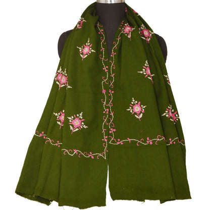 Sanskriti Vintage Green Woolen Shawl Hand Embroidered Long Stole Soft Warm Scarf