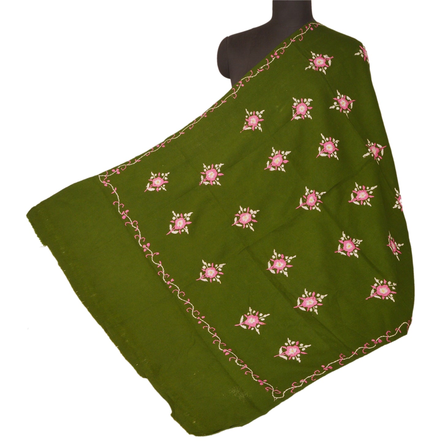Sanskriti Vintage Green Woolen Shawl Hand Embroidered Long Stole Soft Warm Scarf