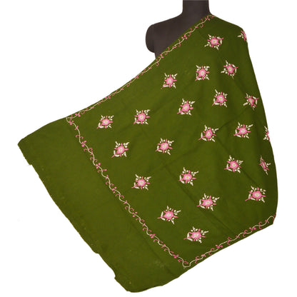 Sanskriti Vintage Green Woolen Shawl Hand Embroidered Long Stole Soft Warm Scarf