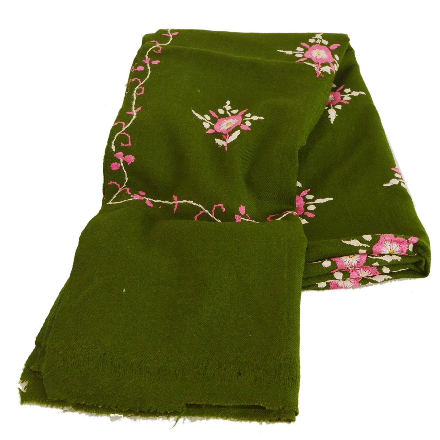 Sanskriti Vintage Green Woolen Shawl Hand Embroidered Long Stole Soft Warm Scarf