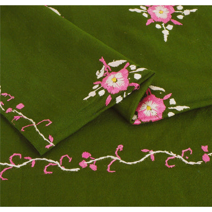 Sanskriti Vintage Green Woolen Shawl Hand Embroidered Long Stole Soft Warm Scarf
