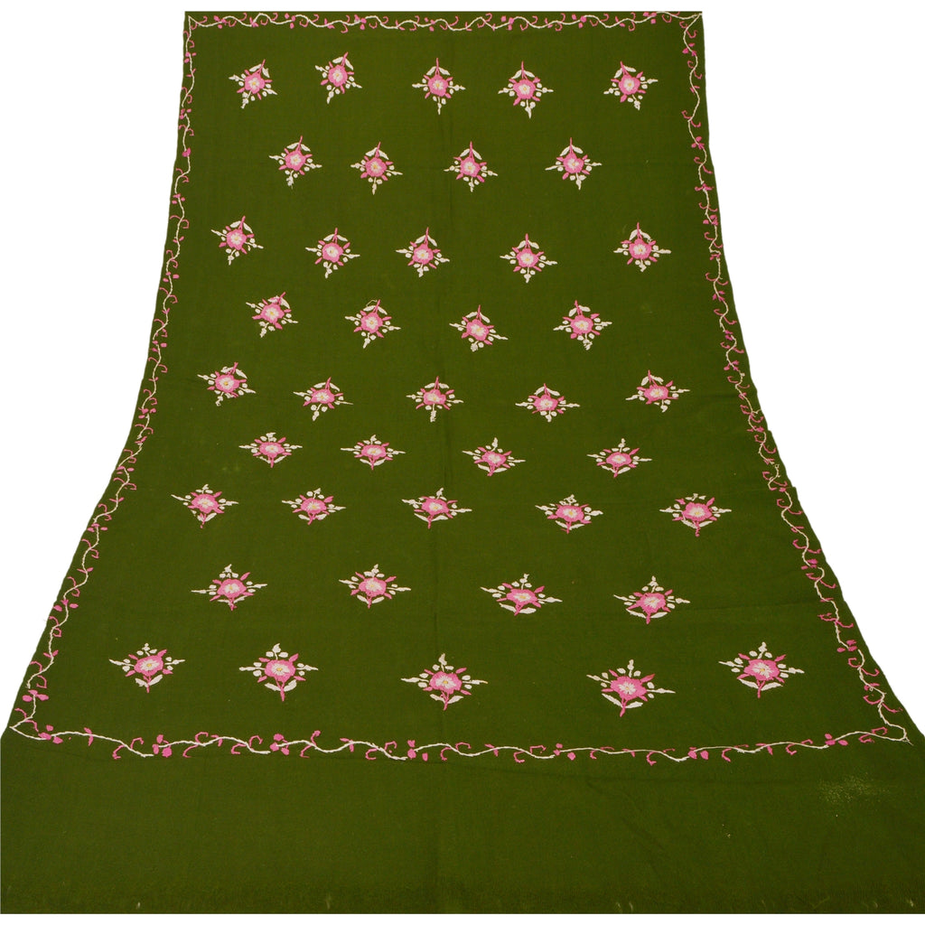 Sanskriti Vintage Green Woolen Shawl Hand Embroidered Long Stole Soft Warm Scarf