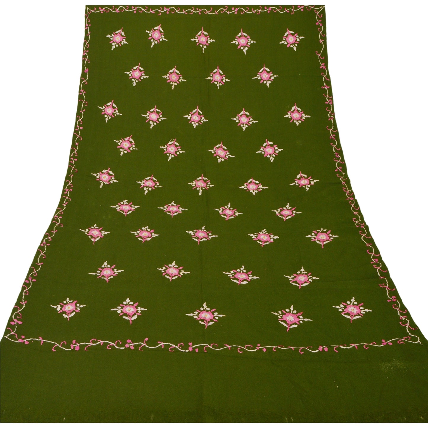 Sanskriti Vintage Green Woolen Shawl Hand Embroidered Long Stole Soft Warm Scarf