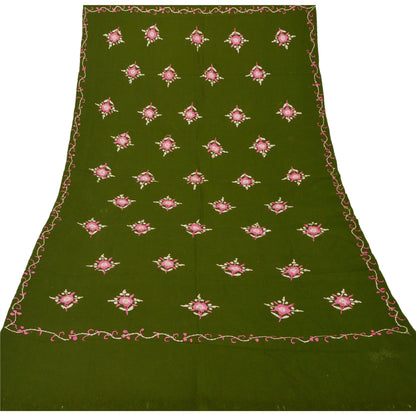 Sanskriti Vintage Green Woolen Shawl Hand Embroidered Long Stole Soft Warm Scarf