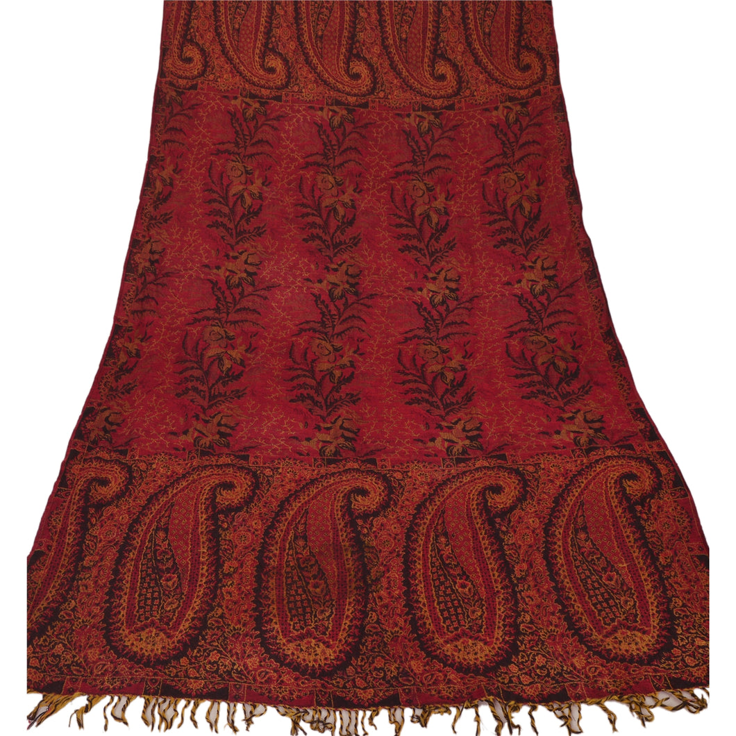 Sanskriti Vintage Red Woolen Shawl Woven Work Long Stole Soft Warm Scarf Paisley