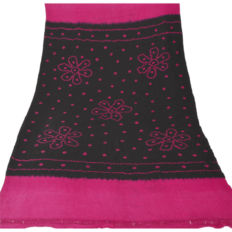 Sanskriti Vintage Black Woolen Shawl Bandhani Print Work Long Stole Soft Scarf