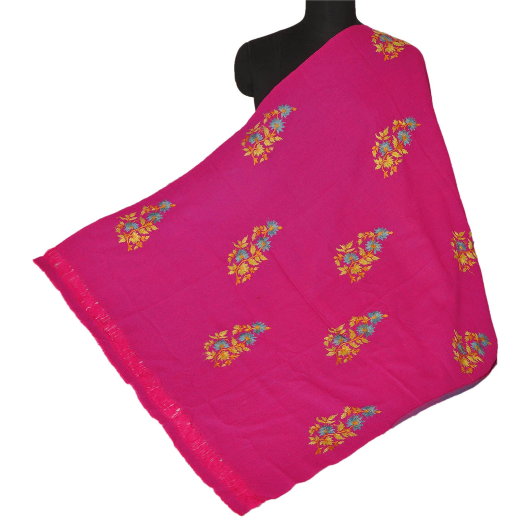 Sanskriti Vintage Pink Woolen Shawl Hand Embroidered Long Stole Soft Warm Scarf