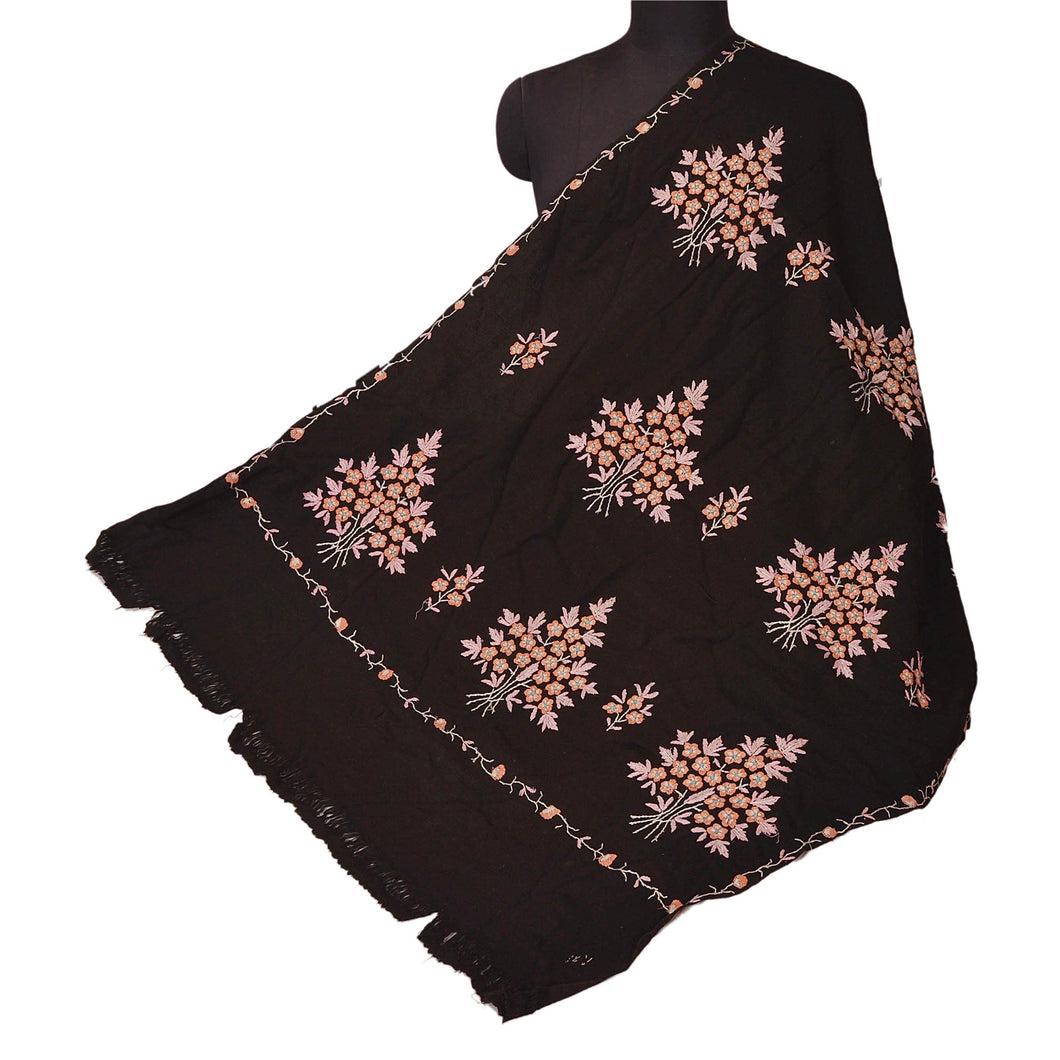 Black Woolen Shawl Hand Embroidered Long Stole Soft Warm Scarf