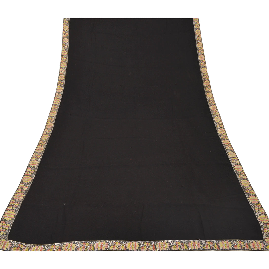 Sanskriti Vintage Black Woolen Shawl Embroidered Long Stole Soft Warm Scarf