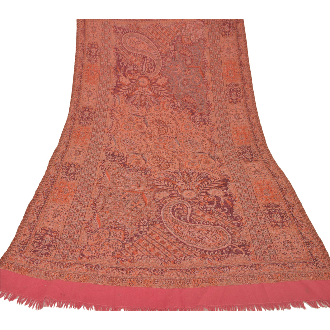 Sanskriti Vintage Pink Woolen Shawl Woven Work Long Stole Soft Warm Scarf Floral