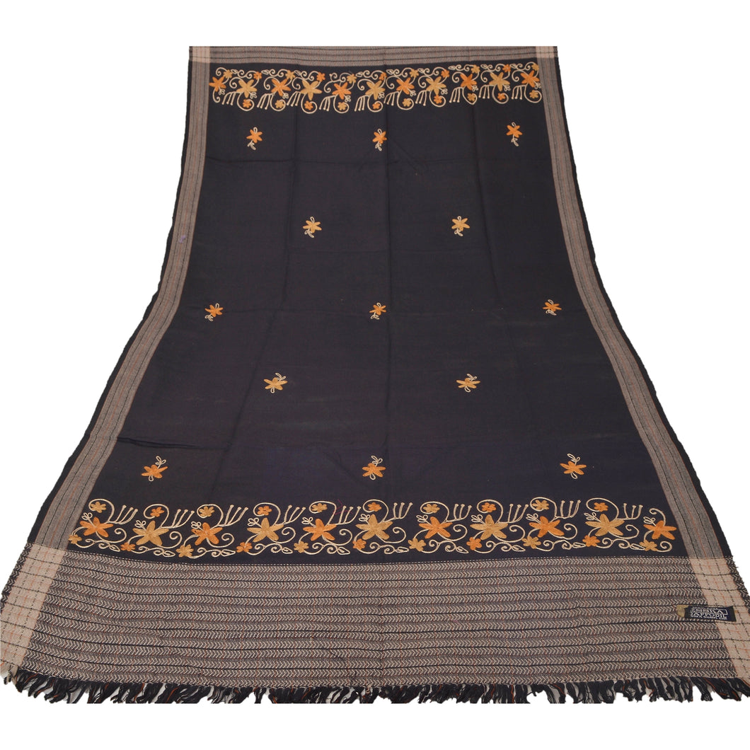 Sanskriti Vintage Black Woolen Shawl Hand Embroidered Ari Work Long Stole Scarf