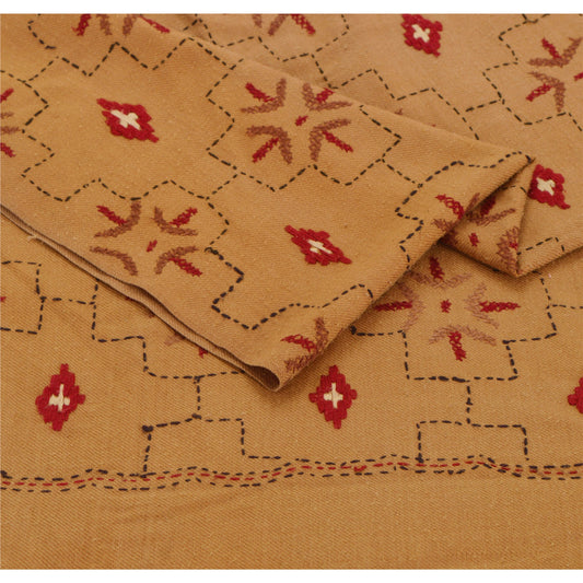 Sanskriti Vintage Brown Woolen Shawl Hand Embroidered Long Stole Soft Warm Scarf