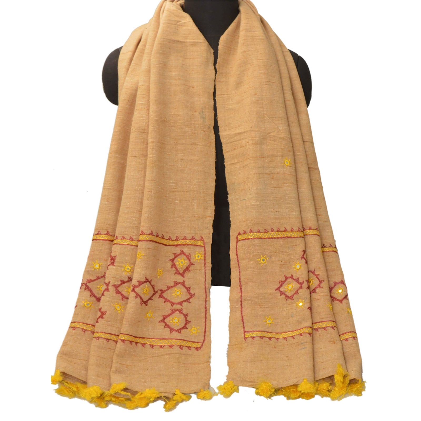 Sanskriti Vintage Cream Handloom Shawl Hand Beaded Long Stole Warm Scarf Mirror